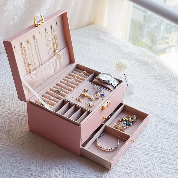 3 Layer Jewelry Box for girls, Lockable Jewelry Organizer for Necklace Earring Ring Bracelet Watch, PU Leather Storage, Pink - Image 9