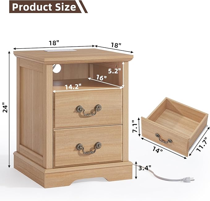 Farmhouse Dressers & Night Stand Set of 3,54" Wide 7 Drawer Dresser & 45" Tall Chest of Drawers, 18" Wide 2 Drawers End Table with Charging Station,Furniture Dresser Sets for Home,Natural