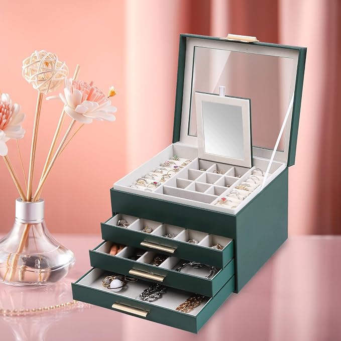 BOOVO Clear Lid Jewelry Box,4 Layers Jewelry Organizer Large Jewelry Storage Box with 3 Drawers,Jewelry Holder Organzier of Rings Earrings Necklace Bracelets for Women (Dark Green, 4 Layer) - Image 7