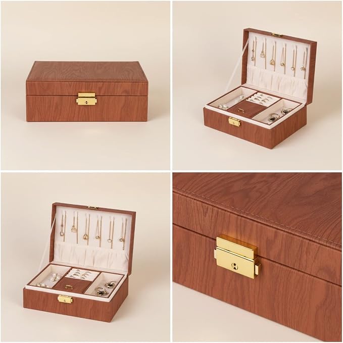 Jewelry Box Organizer for Women Girls Gift, 2 Layer Large Jewelry Storage Case, Vintage Wood PU Leather Display Jewellery Holder with Removable Tray for Necklace (Redwood grain) - Image 6