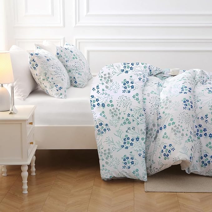 MUXHOMO Blue Flower Full Comforter Set, Elegant Floral Print Bed in a Bag 7 Pieces, Ultra Soft & Breathable Reversible Botanical Pattern Bedding Set with Comforter, Sheets, Pillowcases, and Shams