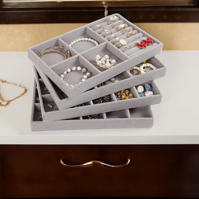 Set of 4 Stackable Jewelry Trays Organizer, Velvet Earring Organizer, Jewelry Organizer Showcase Display Drawer Organizer Storage, Earring Holder Necklace Bracelet Ring Accessary Organizers (Gray) - Image 5