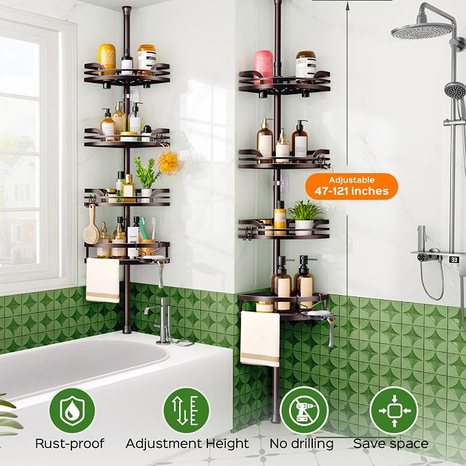 HAMITOR Shower Caddy Tension Pole: Rustproof Bathroom Corner Shelf for Renters, 47-121 inches Adjustable Organizer with Soap Holder-Large Capacity Rack for Shampoo Storage Home Accessory- Bronze - Image 7