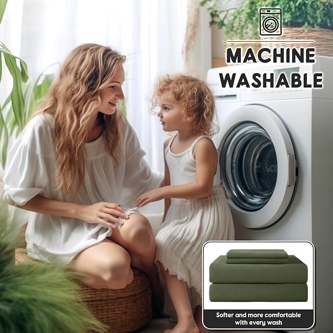 SONORO KATE 100% French Pure Linen Sheets, Breathable and Durable Line Full Size Sheets, Anti-Tear Line Bed Sheets, Machine Washable, 16 Inch Deep Pocket - 4 Piece (Olive Green, Full)