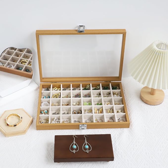 Stratalife Jewelry Organizer 40 Grid Jewelry Trays with Clear Lid Wood Earring Organizer Ring Holder Accessories Box Necklaces Earrings Storage for Women Drawers Vintage Style Beige - Image 6