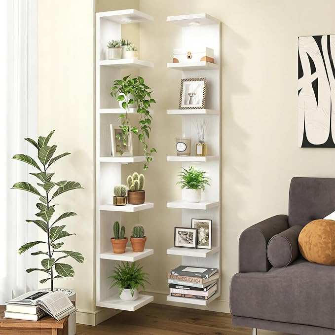 Fixwal 7 Tier Wall Mounted Shelf Set of 2 White Lack Wall Shelf with LED Lights Floating Shelves for Home Decor Organizer Display - Image 7