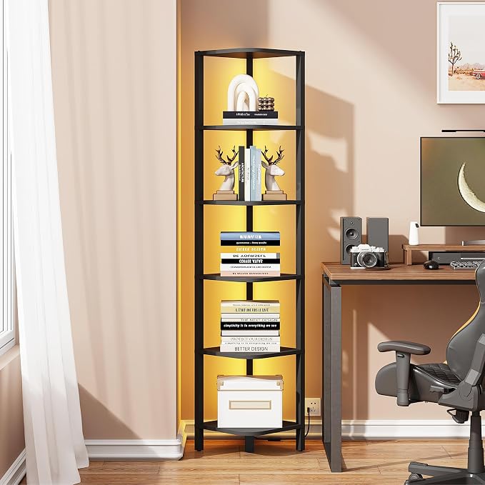 TUTOTAK Corner Shelf with LED Light, 6-Tier Corner Bookshelf for Small Space, Narrow Display Corner Shelf Stand with Storage Rack, for Living Room, Bedroom, Black BS08BK006L - Image 6