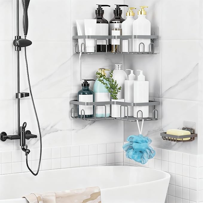 Moforoco Corner Shower Caddy Shelf Organizer Rack, Self Adhesive Grey Bathroom Shelves Basket, Home Wall Shower Inside Organization and Storage Decor RV Accessories, First Apartment Essentials - Image 6