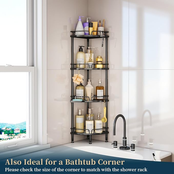Consumest Corner Shower Caddy Stand - 4 Tier Shower Organizer with Soap Holder, Tall Floor Corner Shelf Standing with Adjustable Feet & 4 Hooks, Storage Rack for Bathroom Black - Image 7