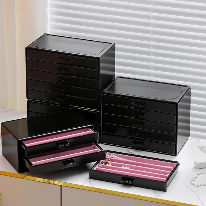 YUFONG Necklace Holder Organizer, Dustproof Necklace Box Velvet Necklace Organizer Box with Lid Clear Acrylic Dustproof Stackable Jewelry Displays for Necklaces Chain Display (Black Gray, 3 Drawer) - Image 6