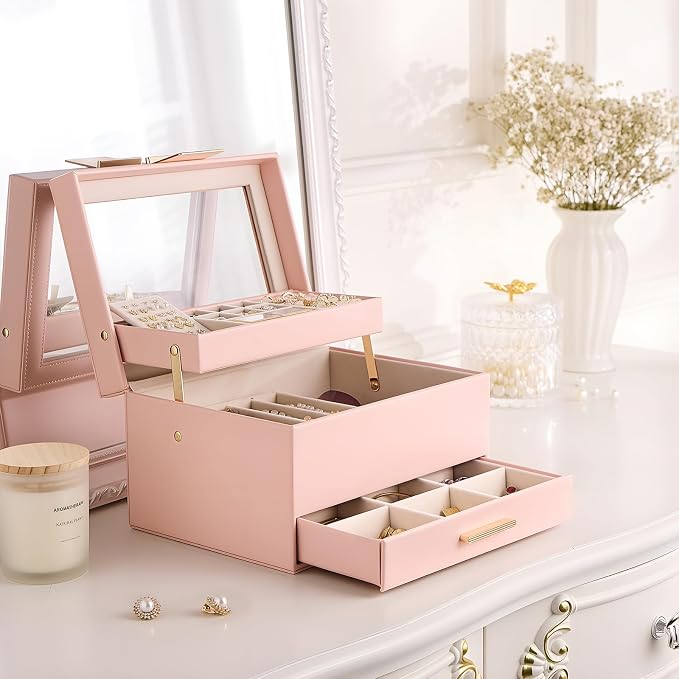 Lolalet Jewelry Box, Clear Window Jewelry Organizer with Drawer for Earrings Bracelets Necklaces Rings, Jewelry Storage for Women -Pink, 3 Layers - Image 7