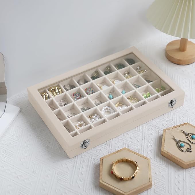 Stratalife Jewelry Organizer 40 Grid Jewelry Trays with Dust-proof Lid Velvet Earring Organizer Ring Holder Accessories Box Necklaces Earrings Storage for Women Drawers Cream - Image 6