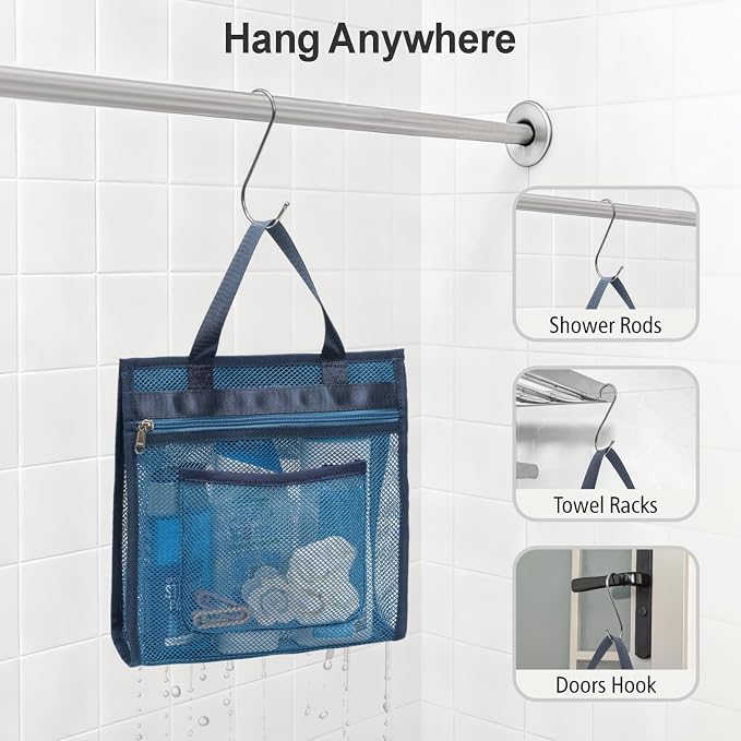 F-color Mesh Shower Caddy Portable Hanging - 3 Pockets Small Shower Bag Tote for Camping, Gym, Travel, Toiletry, Quick Dry Bathroom Essentials with S Hook, Navy Blue - Image 7