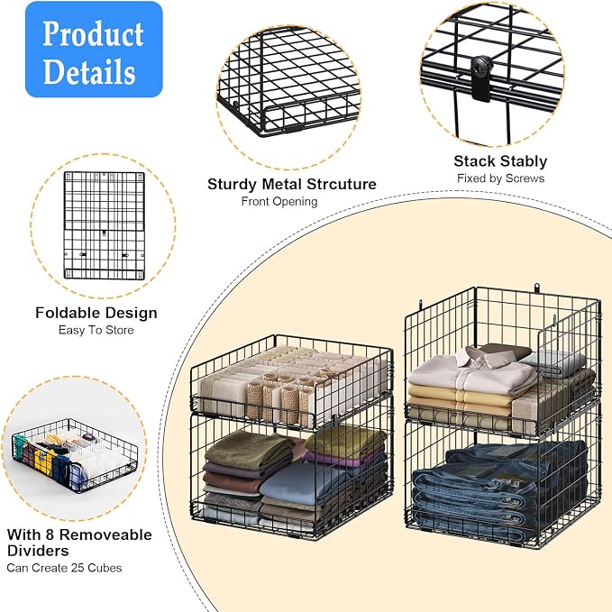 4 Pack Closet Organizers and Storage Shelves for Clothes, 4 Tier Stackable Closet Storage Basket Bin Container for Clothing Sweater Jean, Narrow, Foldable, Sturdy Metal System Organizer Shelf - Image 7