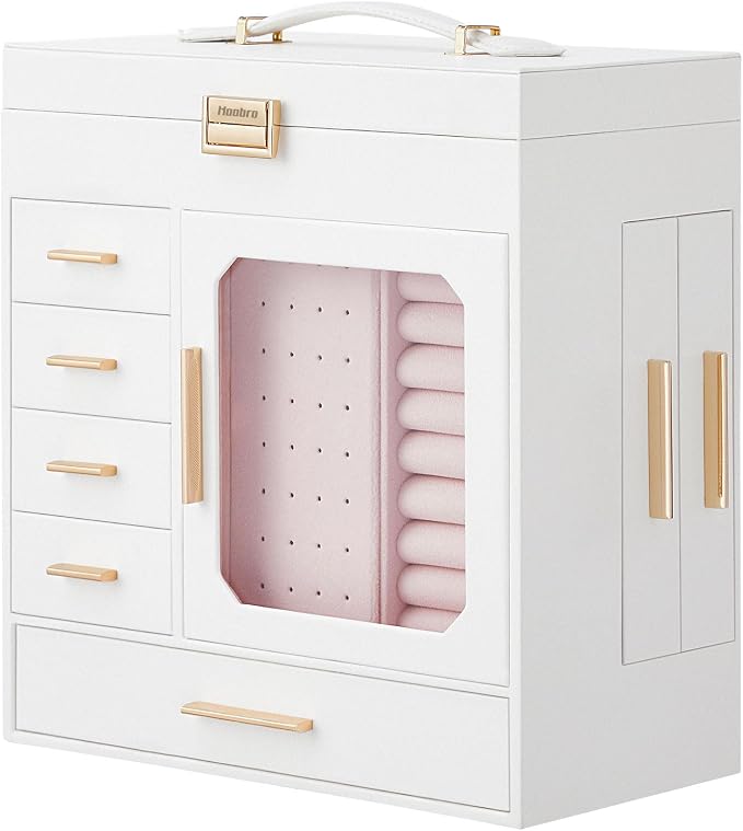 HOOBRO Jewelry Box with Mirror, Jewelry Organizer Box with Capacious Storage Space, Vertical Storage, Glass Cover, Modern Style, White and Light Gold WT06JB04G1 - Image 8