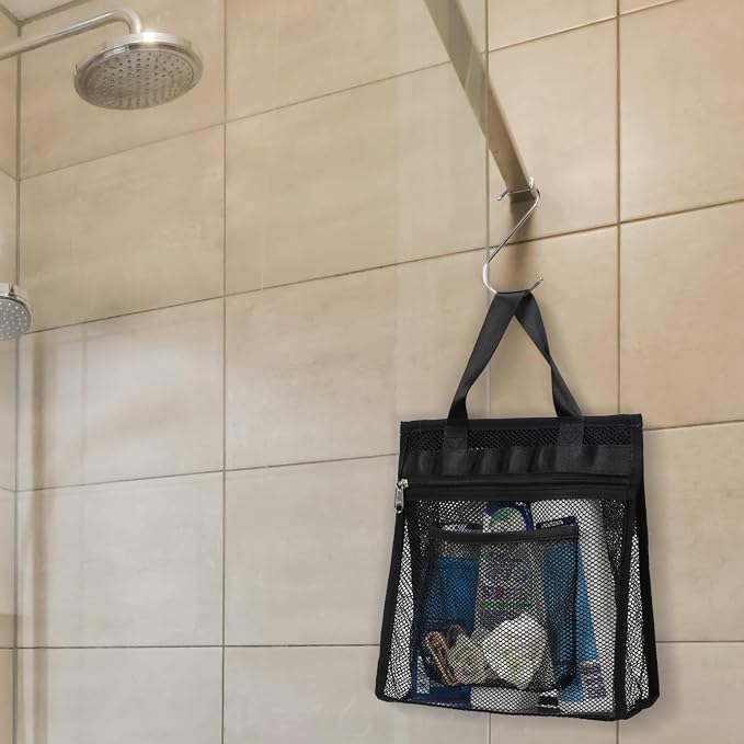 F-color Mesh Shower Caddy Portable Hanging - 3 Pockets Small Shower Bag Tote with Zipper Closure for Camping, Gym Lockers, Travel, Toiletry, Quick Dry Bathroom Essentials with S Hook, Black - Image 8