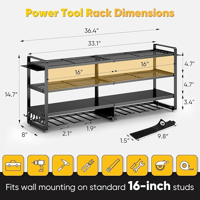 POKIPO Large Power Tool Organizer Wall Mount,4 Layers Heavy Duty Metal Loads 400lbs,Power Tool Shelf Battery Storage with 8 Cordless Drill Holder,Utility Racks for Garage Workshop - Image 6