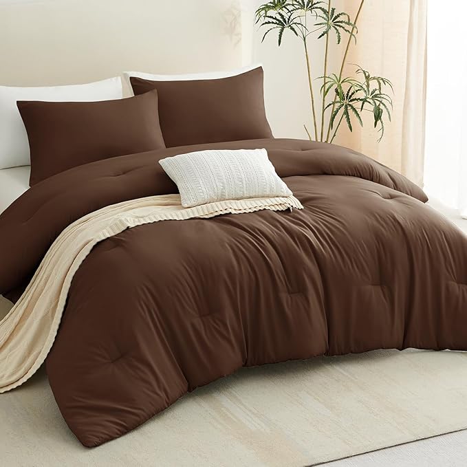 CozyLux Full Size Comforter Set Brown, 3 Pieces Solid Breathable Quilted Bedding Sets, Luxury Lightweight Soft Bed Set with Down Alternative Comforter and 2 Pillowcases for All Seasons