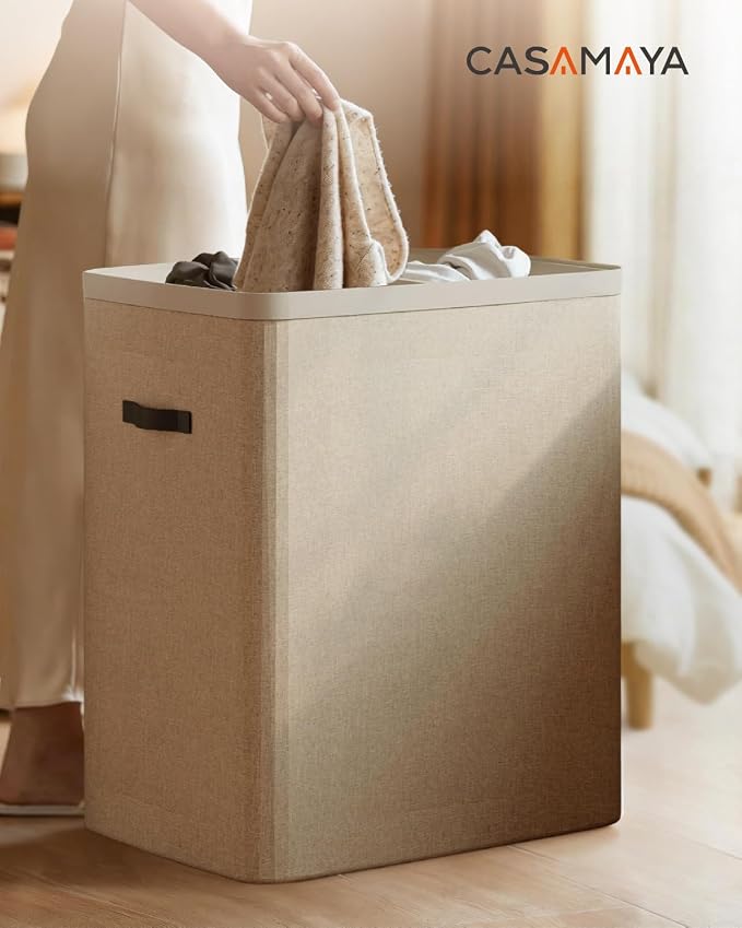 CASAMAYA Laundry Basket with Lid, Laundry Hamper 2 Section, 170L collapsible Laundry Organizer, Easy Assembly, with Handles and Removable Liners, 22 x 15.7 x 29.5 Inches, Beige JSP903M - Image 7