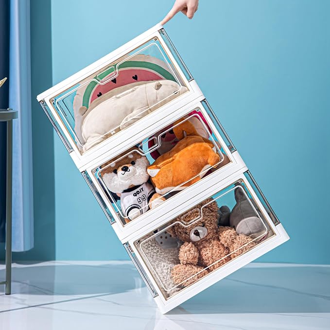 HYBRIDEAS 3-Pack Clear Stackable Storage Bins with Lids Magnetic Doors Open Front Foldable Folding Plastic Craft Containers Large Closet Organizers Box for Bedrooms Living Rooms Study Kids' Toys 24 QT - Image 6