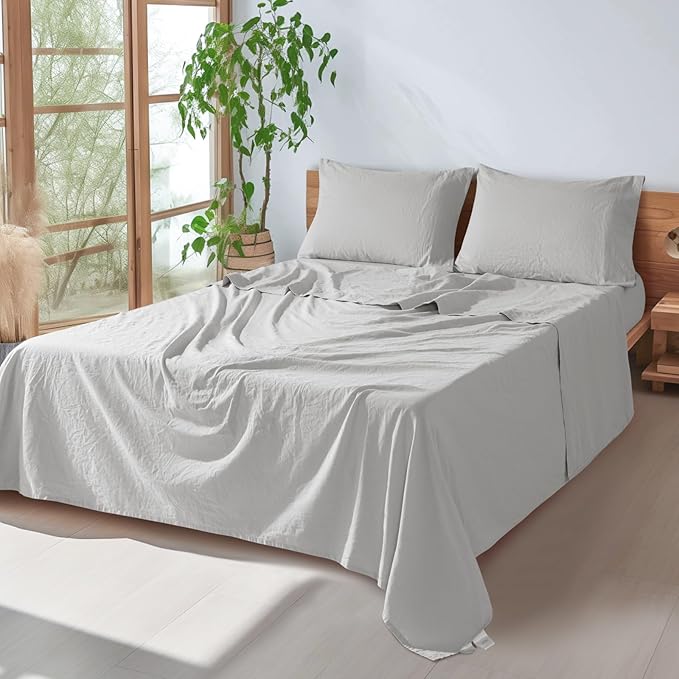 SONORO KATE 100% French Pure Linen Sheets, Breathable and Durable Linen Sheets, Anti-Tear Linen Bed Sheets, Machine Washable, 16 Inch Deep Pocket - 4 Piece (Grey, California King)