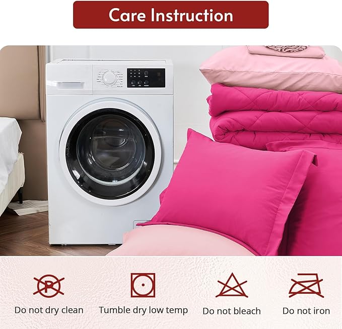 MUXHOMO 7 Pieces California King Comforter Set, Reversible Bed in a Bag Cal King Size, All Season Bedding Set with Comforter, Flat Sheet, Fitted Sheet, Pillowcases & Shams, Hot Pink & Baby Pink
