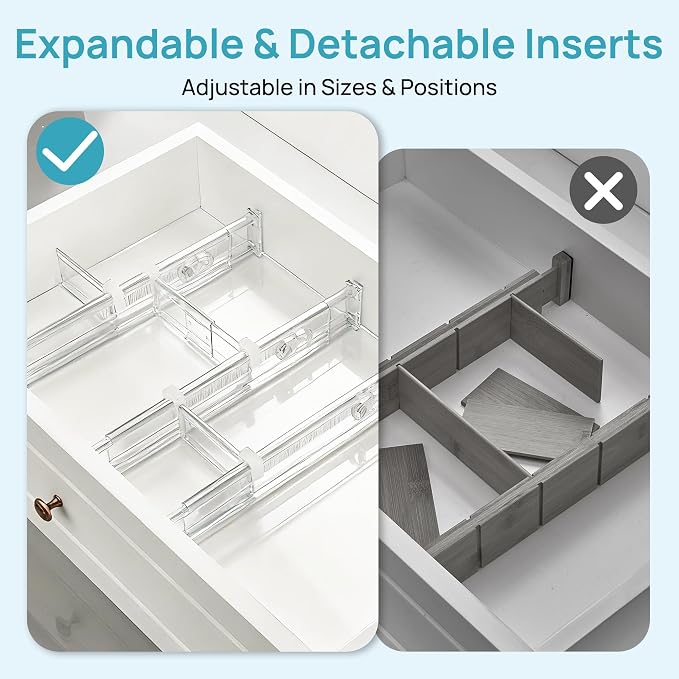 Vtopmart 2.36” Drawer Dividers with Expandable Inserts, 12.8"-22.3" Adjustable Kitchen Drawer Organizer, Clear Plastic Organizer Separator for Flatware, Utensil, Cutlery, 4 Dividers with 6 Inserts - Image 8