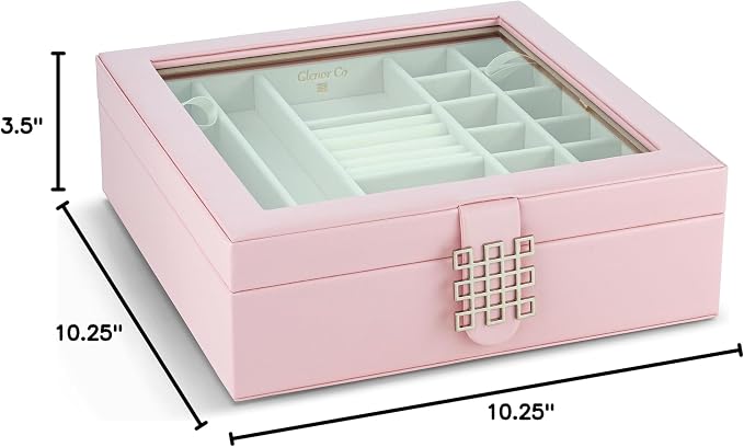 Glenor Co 28 Section Jewelry Box - 2 Layer & Buckle Magnet Closure - Large Glass Top - Leather Design - Soft Pink - Jewelry Organizer for Women & Girls - for Earring Ring Necklace & Bracelet - Image 6