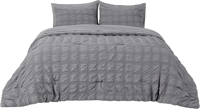 Bedsure Bed in a Bag Queen - 7 Pieces Plaid Seersucker Bedding Comforter Sets, Soft Lightweight Grey Boho Bed Set with Comforters Queen Size, Sheets, Pillowcases & Shams