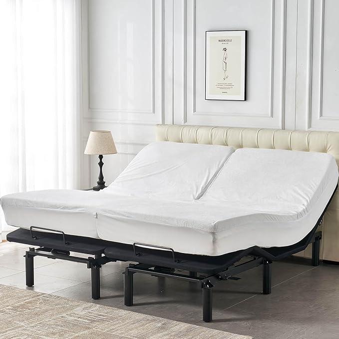 Kingnex Waterproof Partial Split Top Cal King Mattress Protector for Adjustable Bed with 28-30" Upper Flex Head Noiseless Soft Bamboo Viscose Terry Fitted Mattress Cover