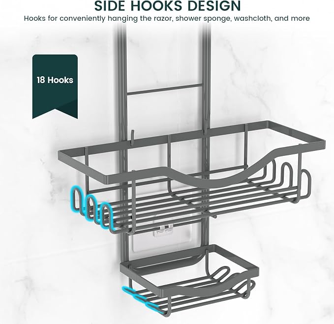 REINHARDT Shower Caddy Hanging Adjustable, Extended Length Rustproof Shower Caddy Over Shower Head with Hooks Soap Holder, Large Capacity Shower Organizer Anti-Swing Bathroom Organizer, Grey - Image 9