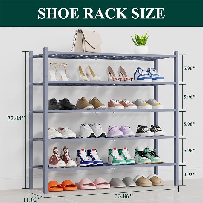 Smiry Shoe Rack, 5 Tier Thick Long Bamboo Shoe Organizer, Stackable Free Standing Wooden Shoe Storage Shelf for Closet, Entryway, Front Door Entrance, Grey - Image 2