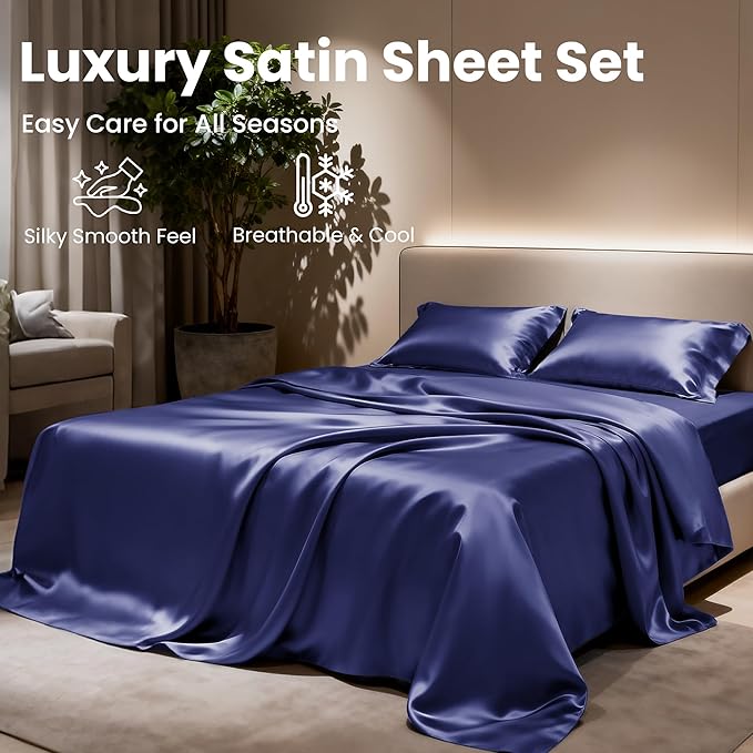 Love's cabin Satin Queen Sheets Set - 4 Piece Navy Blue Silky Bed Sheets with Deep Pocket, Luxury Silk Feel Satin Queen Size Sheet Set (1 Flat Sheet,1 Fitted Sheet,2 Pillow Cases)