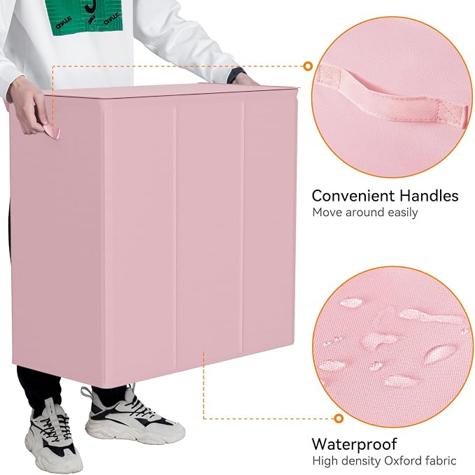 WOWLIVE 180L Laundry Hamper with Lid 3 Section,Large Laundry Basket with Removable Bags and Handles,Collapsible Dirty Clothes Hampers for Laundry,Laundry Basket Organizer for Laundry Room,Dorm,Pink - Image 7