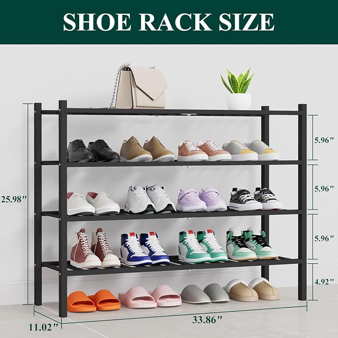 Smiry Shoe Rack, 4 Tier Thick Long Bamboo Shoe Organizer, Stackable Free Standing Wooden Shoe Storage Shelf for Closet, Entryway, Front Door Entrance, Black - Image 2