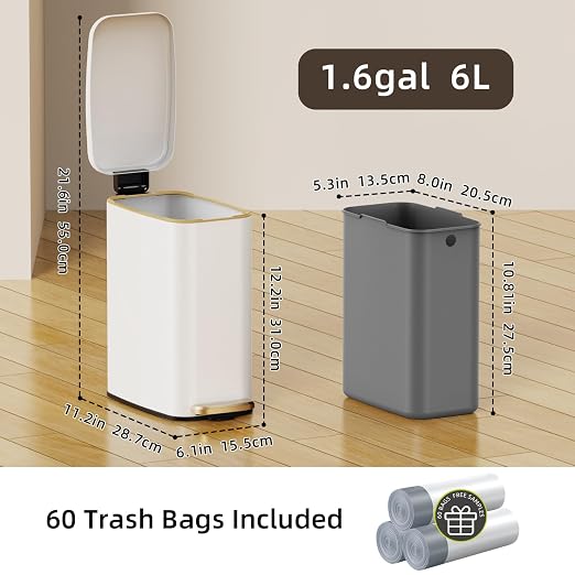 KSSKSS Small Bathroom Trash Can with Lid Soft Close, Step Pedal, 6L / 1.6 Gal Stainless Steel Garbage Bin with Removable Inner Bucket, Slim Wastebasket for Narrow Spaces (White) - Image 6