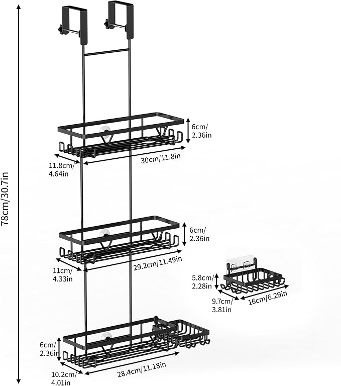 KEGII Shower Organizer Hanging Over the Door, 3 Tier Large Capacity Shower Caddy with 2 Soap Holders & Razor Holders, 18 Hooks & 4-in-1 Dual Hooks, Adjustable Rustproof Bathroom Rack, Black - Image 7
