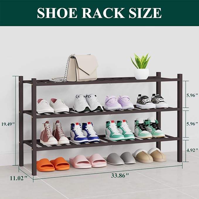 Smiry Shoe Rack, 3 Tier Thick Long Bamboo Shoe Organizer, Stackable Free Standing Wooden Shoe Storage Shelf for Closet, Entryway, Front Door Entrance, Brown - Image 2