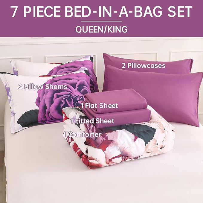 Drucon Purple Floral Comforter Queen Size 7 Pieces Bedding Sets Bed in a Bag, Botanical Floral Comforter with Sheet Set, Soft Microfiber Bedding Set for All Season(Purple, 90"x90")
