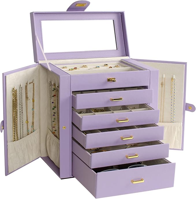 AKOZLIN Large Jewelry Box Organizer Functional with Big Mirror, Leather Jewelry Storage Case for Women Girls Ring Necklace Earring Bracelet Holder Organizer Violet - Image 8