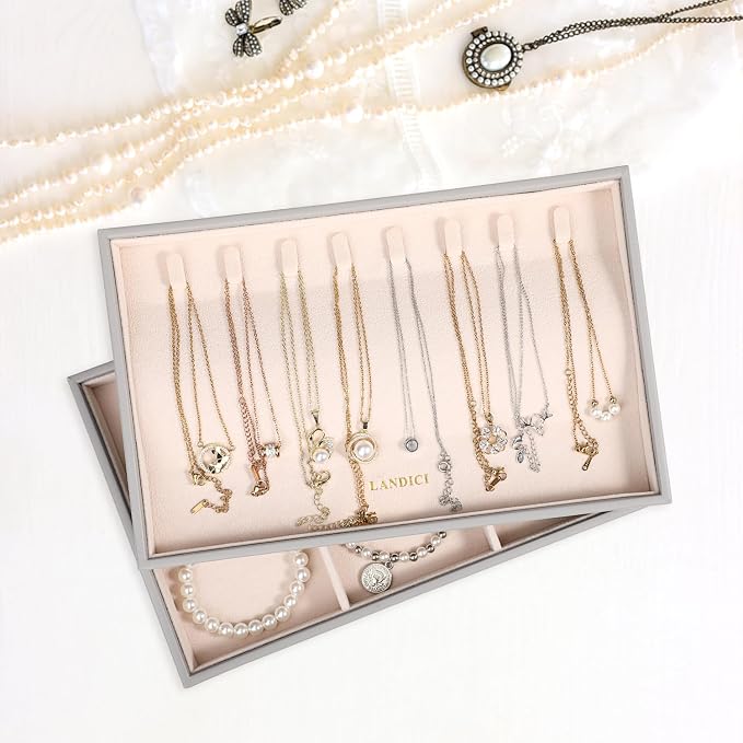 LANDICI Stackable Jewelry Organizer Trays 4 Set,PU Leather Jewelry Organizer Drawer,Jewelry Storage Display Tray for Earring Necklace Rings Bracelet with Removable Dividers,Grey - Image 7