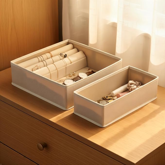 Underwear Drawer Organizer 2 Pack - Foldable Fabric Storage Bins for Dresser & Closet, Khaki Sock and Bra Dividers, 2 Sizes for Bedroom Organization - Image 9