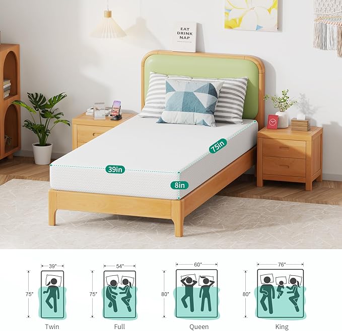 FDW 8 Inch Twin Mattress, Medium Firm Gel Memory Foam, Cooling Ventilated Foam, Pressure Relief, White, Removable Washable Cover, Bed in a Box, CertiPUR‑US Certified