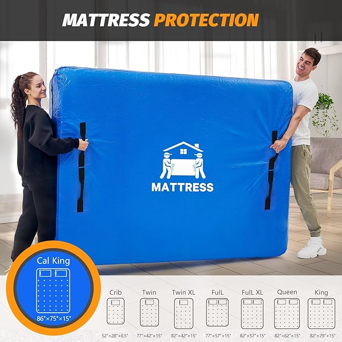 Mattress Bags for Moving, BETU Mattress Protector Waterproof Mattress Cover Cal King Size Storage Bags with 8 Heavy-Duty Handles and Zipper for Bed Extra Thick Large(2 Pack, 86"x75"x15" Blue)