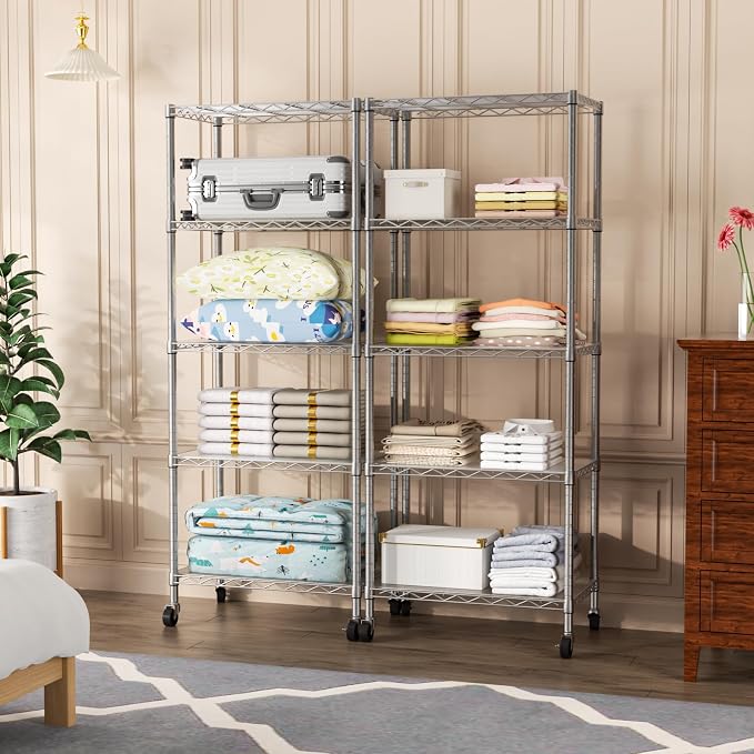 SINGAYE 5 Shelf Storage Wire Shelves Closet Bathroom Organizers Metal Pantry Kitchen Garage Shelving Unit Laundry Room Organization Home Narrow Rack Net Basket with Wheels Silver - Image 9
