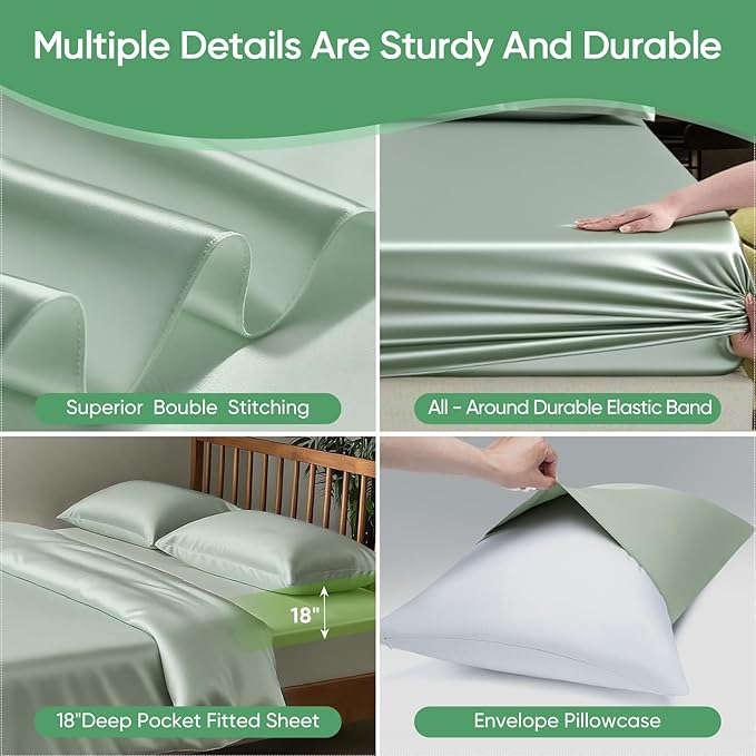 Luxury Organic Tencel & Viscose from Bamboo Cooling Sheet Set,Silky Soft Lyocell Sheets with Deep Pocket, Hypoallergenic & Breathable Bedding with Pillowcases (Sea Glass, King)
