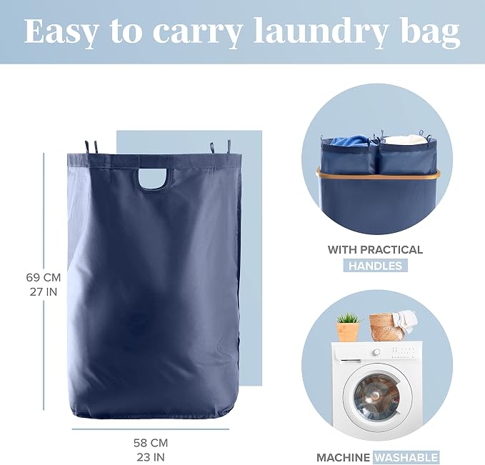 LONBET Laundry Basket with Lid, Made from Breathable Fabric | Aesthetic Clothes Hampers for Laundry with Side Handles & Sturdy Bamboo Frame (40 Gallons - Double, Blue) - Image 6