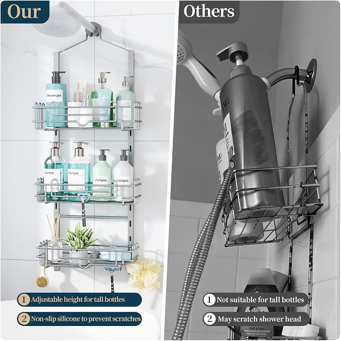 Consumest Shower Caddy Hanging – Rustproof Over Shower Head Hanger with Soap Holder and Hooks, Anti-Slip Shower Shelves for Storage, Bathroom Organizer for Apartment, Dorm, Silver - Image 7
