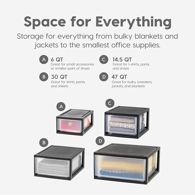 IRIS USA 6 Qt. Plastic Drawer Storage Organizer Stacking Drawers, 8-Pack, Stackable Unit with Sliding Drawer for Clothes Bedroom Kitchen Under Sink Pantry Craft Room Bathroom Dorm Office, Black - Image 7