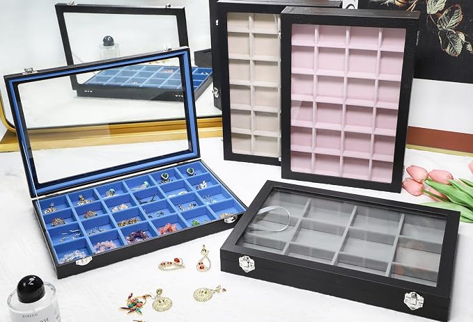 Stratalife Jewelry Organizer Earring Holder Jewelry Tray with Lid Earring Storage Drawer Organizer Earring Ring Storage for Women 30 Grid (Pink Black) - Image 7